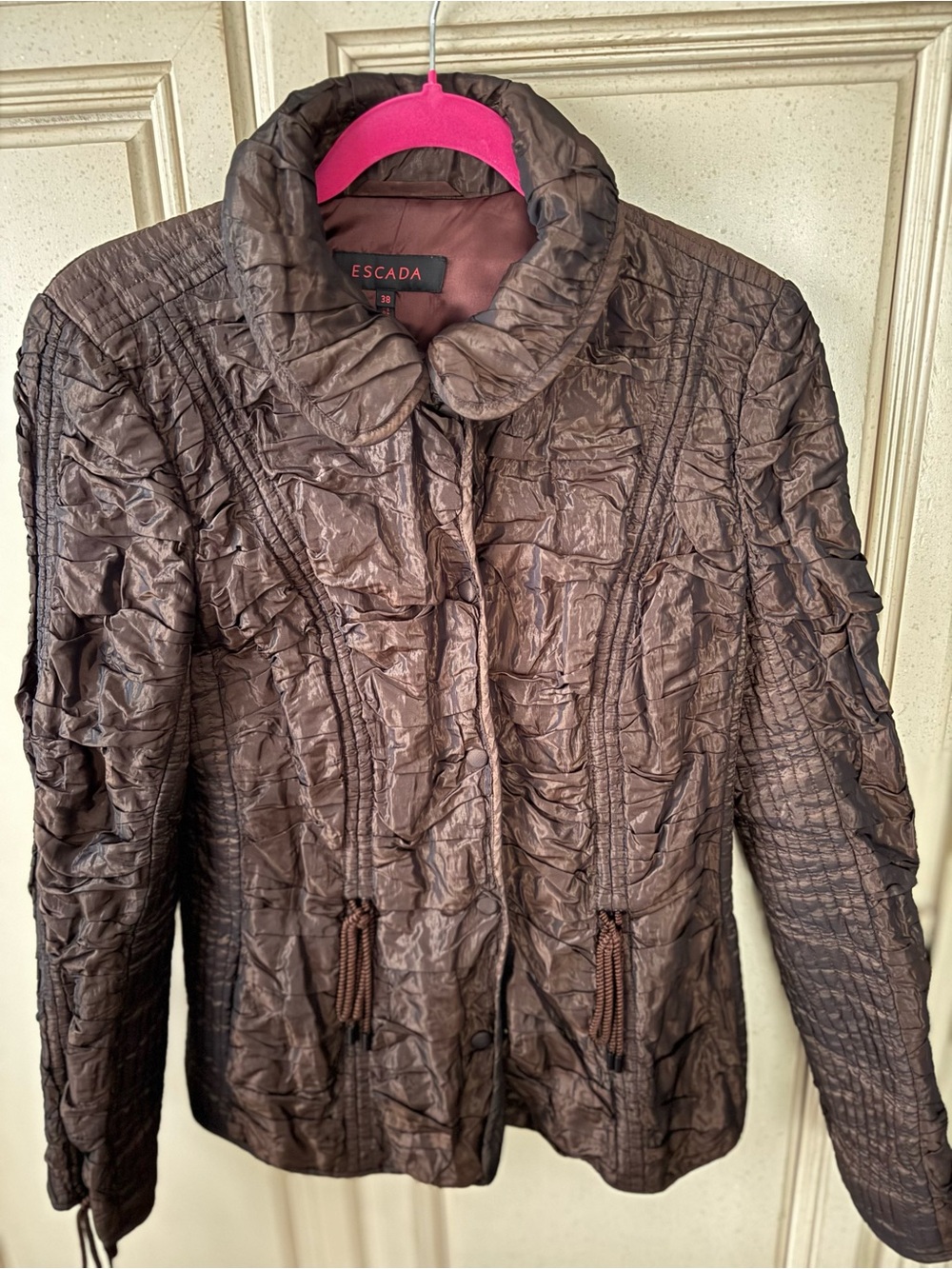 Escada Chocolate Brown Textured Drawstring Jacket